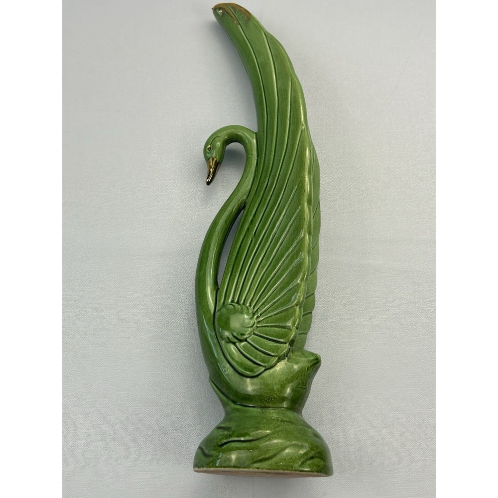 Vintage Japan Green Ceramic Swan Bird Figurine Statue Gold Accent 14" Decor